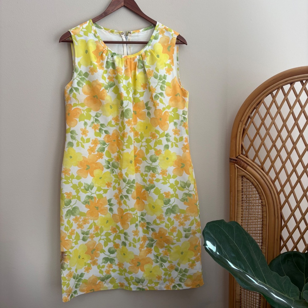True Vintage 60s 70s Floral Hawaiian Yellow & Green Sleeveless Womens Dress